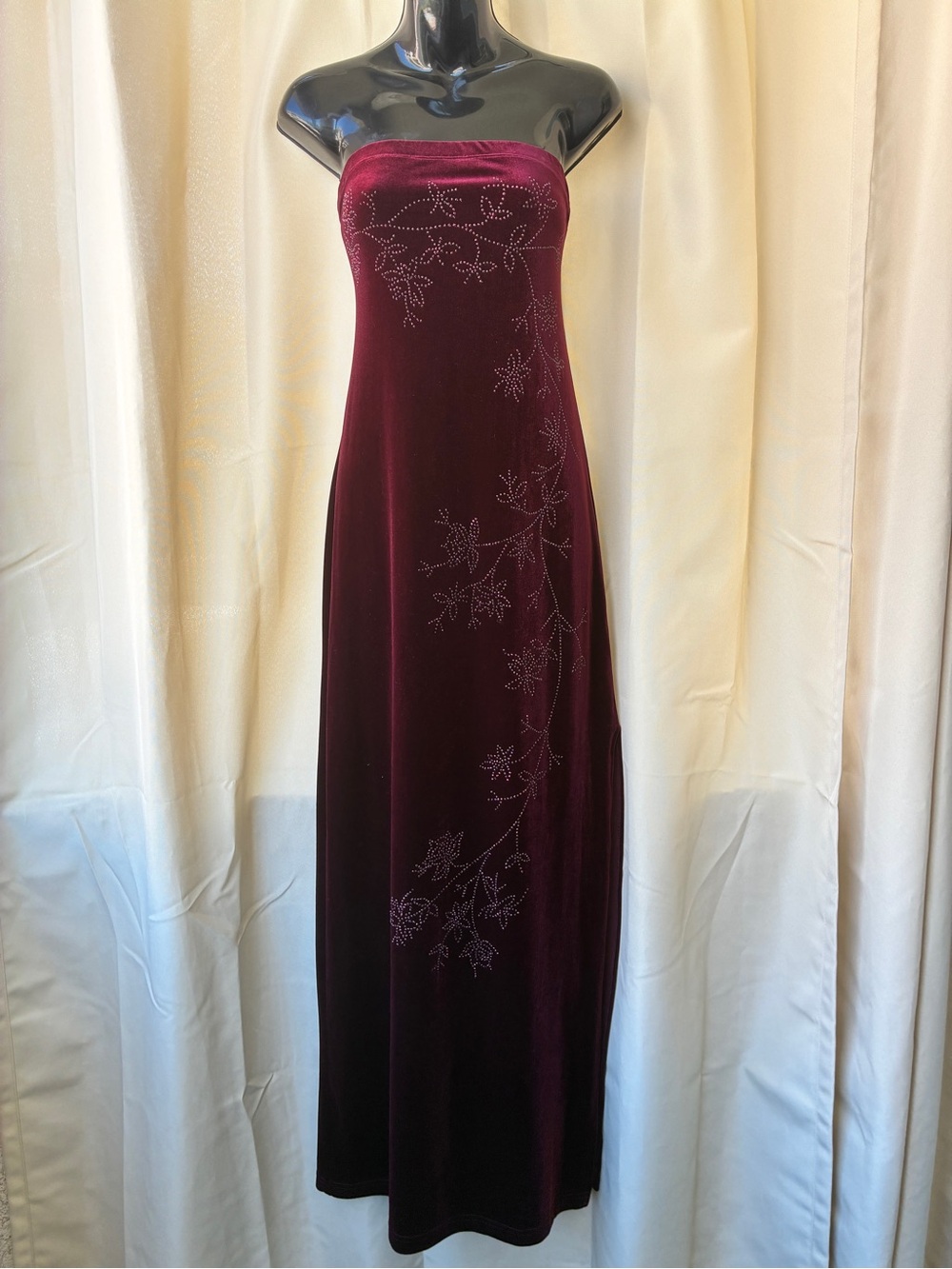 90s Burgundy Velvet Floral Bead Embellished Strapless Maxi Dress Gown